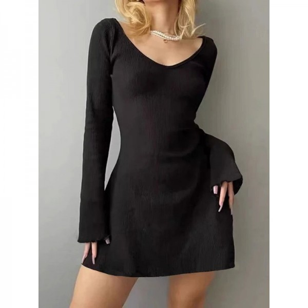 Robe courte noire sexy à manches longues et col en V pour femmes|13,49 €|OKKO MODE