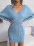 Robe pull à manches chauve-souris col V croisé femmes, robes soirée longues monochromatique | 16,29 $ | OKKO MODE