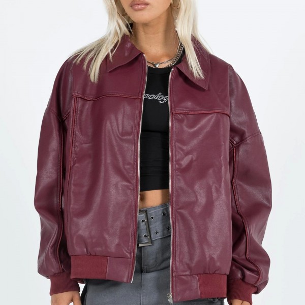 Blouson aviateur en similicuir zippé pour femme, col à revers automnal style moto Y2K|30,70 €|OKKO MODE