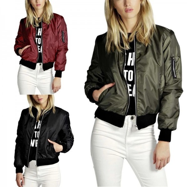 Blouson aviateur à col rond pour femme, manches longues, fermeture éclair|18,89 €|OKKO MODE