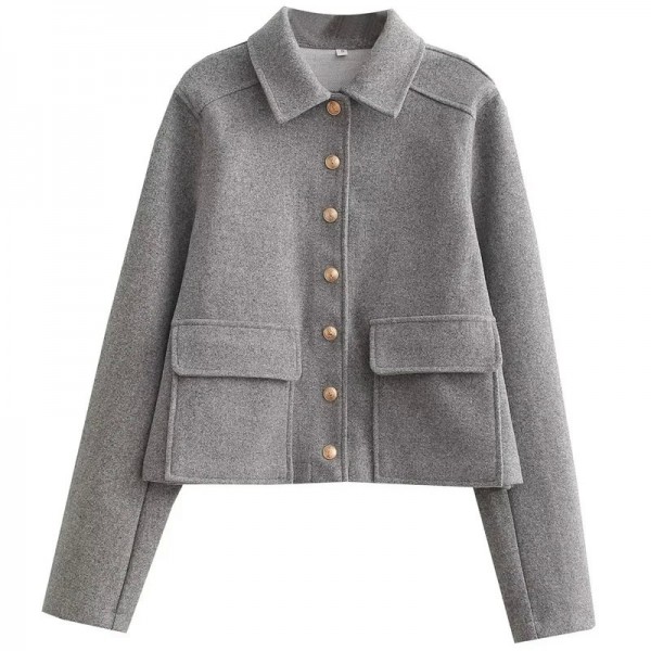 Veste en tweed boutonnée à manches longues pour femme, blouson aviateur monochrome|22,49 €|OKKO MODE