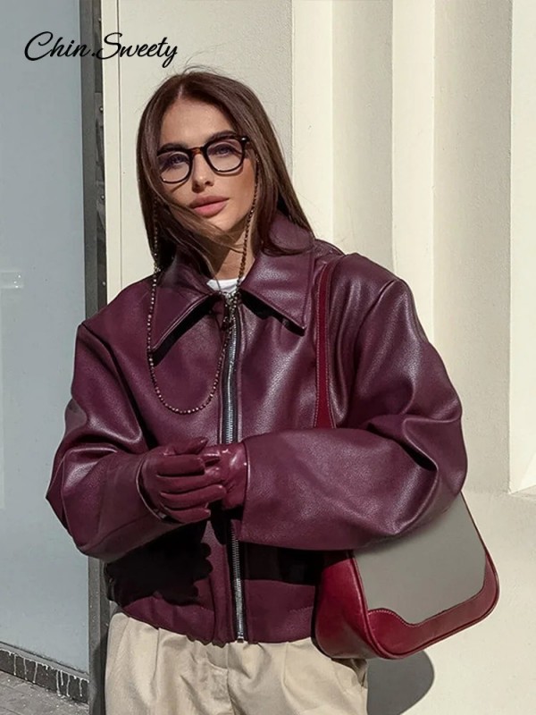 Veste en cuir PU à manches longues pour femmes, col rabattu et fermeture éclair|38,69 €|OKKO MODE