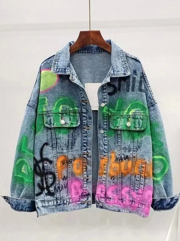 Blouson aviateur en jean denim avec lettres graffiti, cardigan cowboy pour femme|36,89 €|OKKO MODE