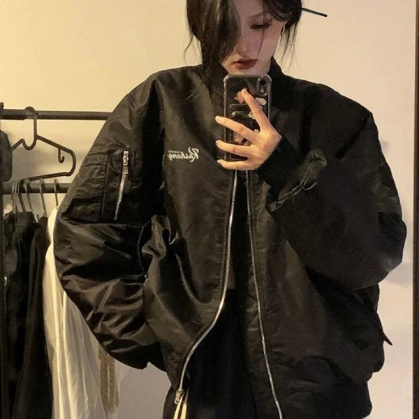 Blouson aviateur noir pour femme, style vintage élégant avec accents Harajuku et grunge|22,49 €|OKKO MODE