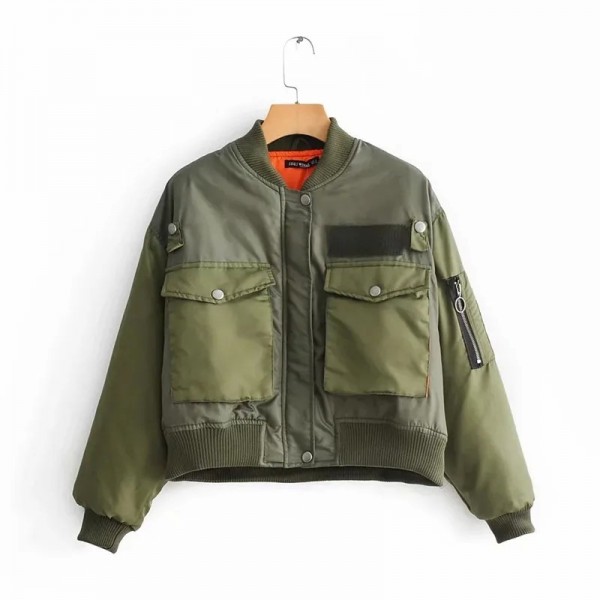 Blouson aviateur vert pour femme, manches longues et fermeture éclair|33,29 €|OKKO MODE