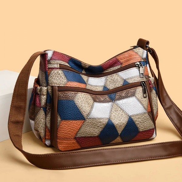 Sac Boston en cuir PU pour femme, style national, patchwork coloré, poignée supérieure, grande capacité, sacs à main à bandouliè|18,89 €|OKKO MODE