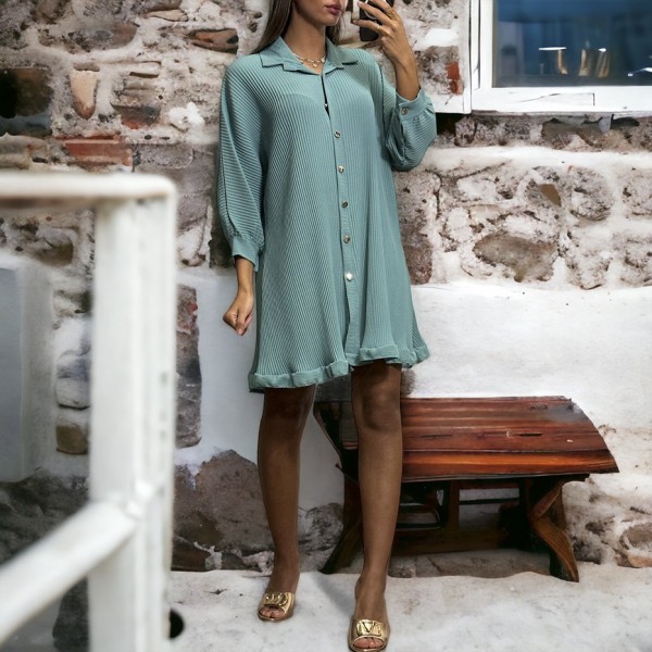 Robe tunique plissé boutonné vert d'eau - 2