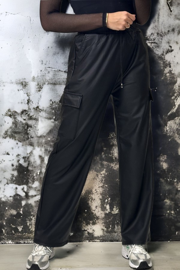 Pantalon treillis palazzo en simili noir molletonné - 1