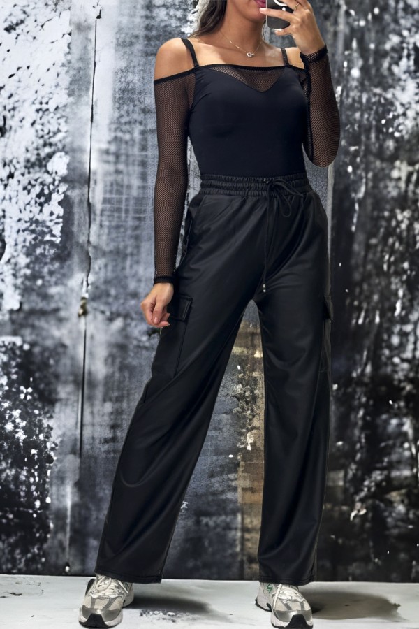 Pantalon treillis palazzo en simili noir molletonné - 2