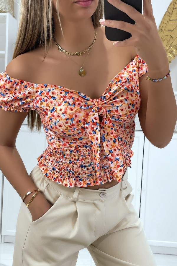 Crop top col bateau motif fleuris orange avec noeud - 3