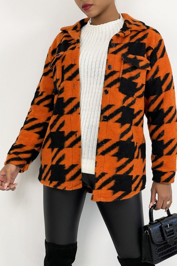 Veste surchemise bicolore orange et noire à carreaux mi-longue avec fermeture à boutons et col à revers - 1