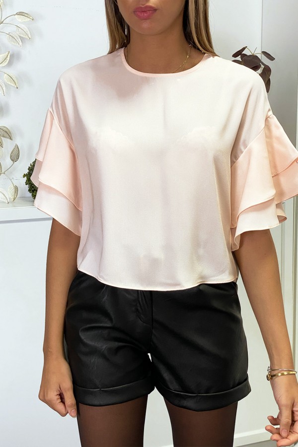 Blouse rose en crêpe avec volants aux manches - 1