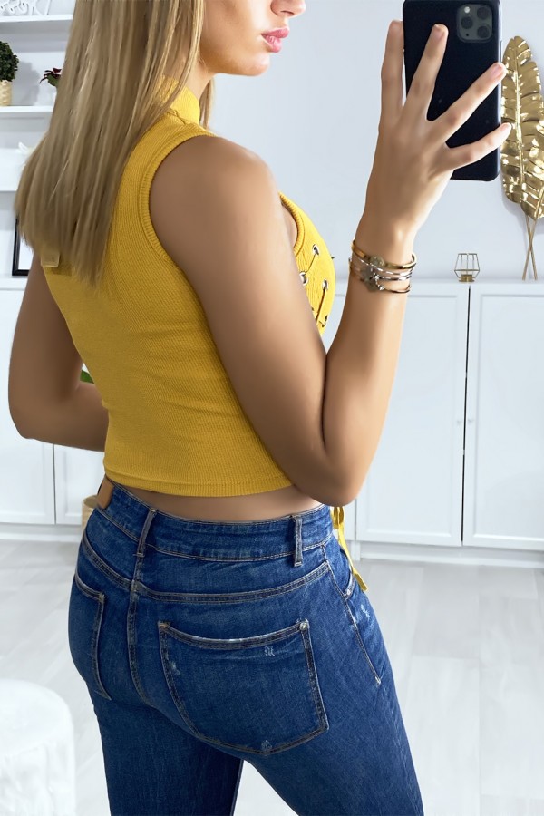 Crop top moutarde avec lacet sur les côtés - 4