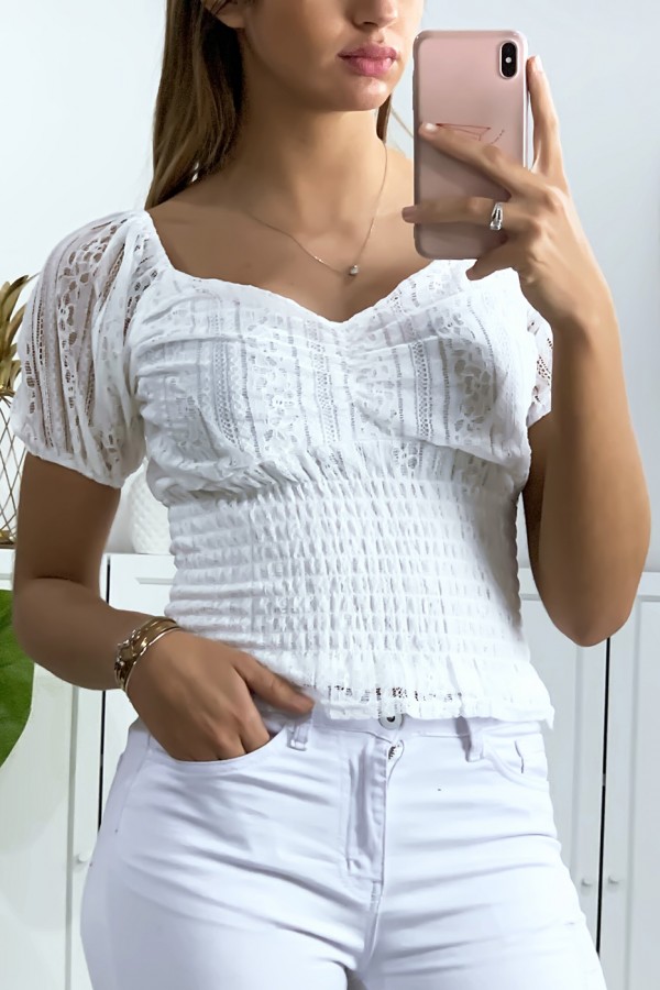 Crop top en dentelle blanc avec élastique à la taille - 1