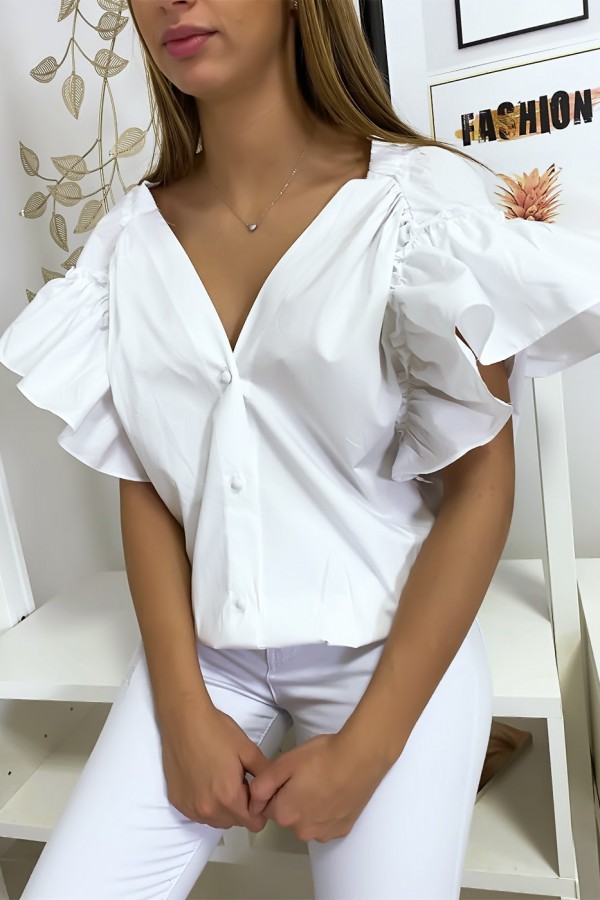 Blouse chemise blanche boutonnés à l'avant  avec volant aux manches et fronce aux épaules - 2