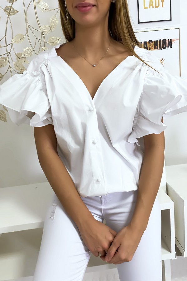 Blouse chemise blanche boutonnés à l'avant  avec volant aux manches et fronce aux épaules - 6