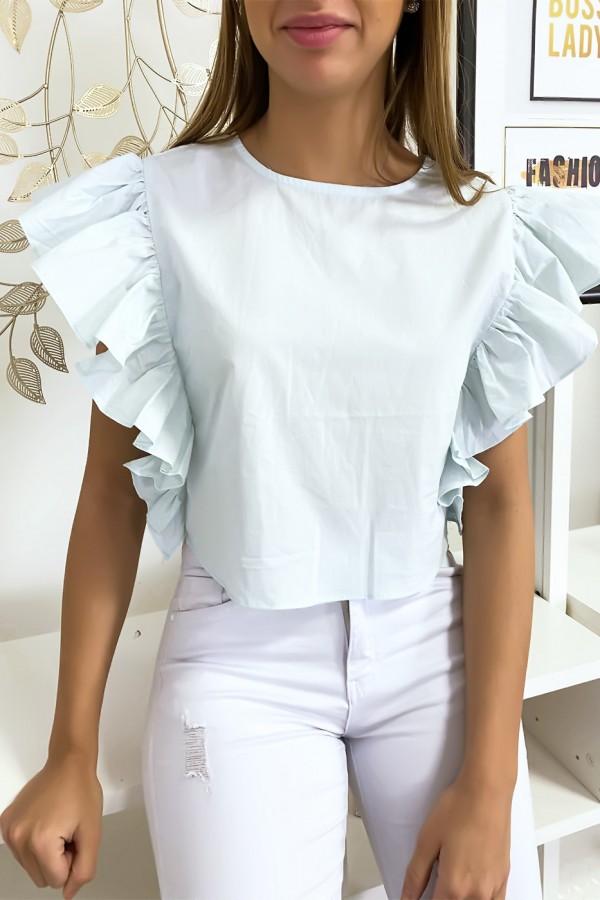 Blouse bleu très chic avec volant aux manches - 3