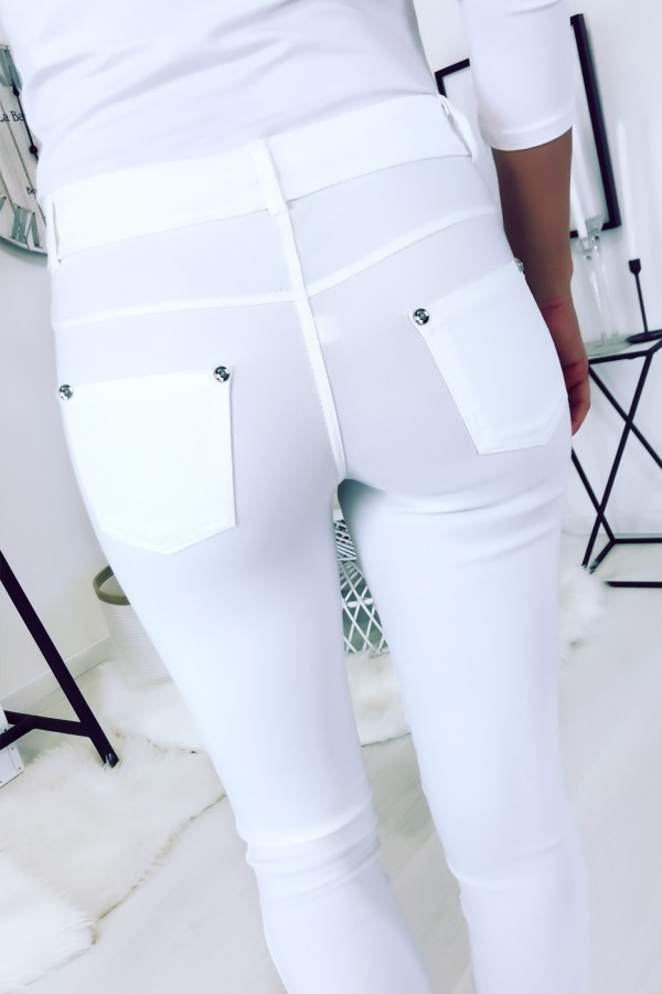 Pantalon slim Blanc, basic avec poche avant et arrière - 5