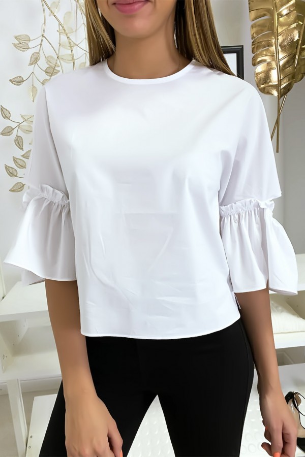 Blouse blanche manches volantes avec joli petit noeud - 1