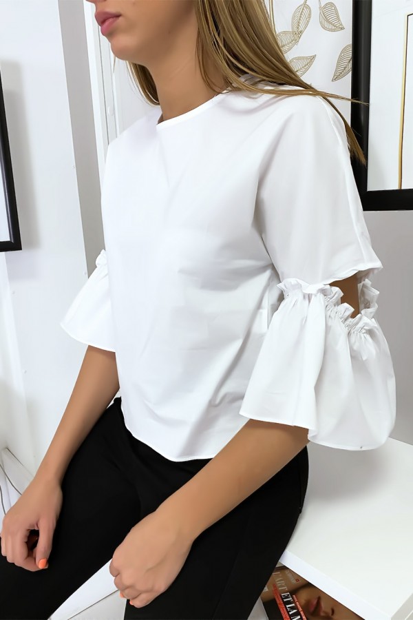 Blouse blanche manches volantes avec joli petit noeud - 3