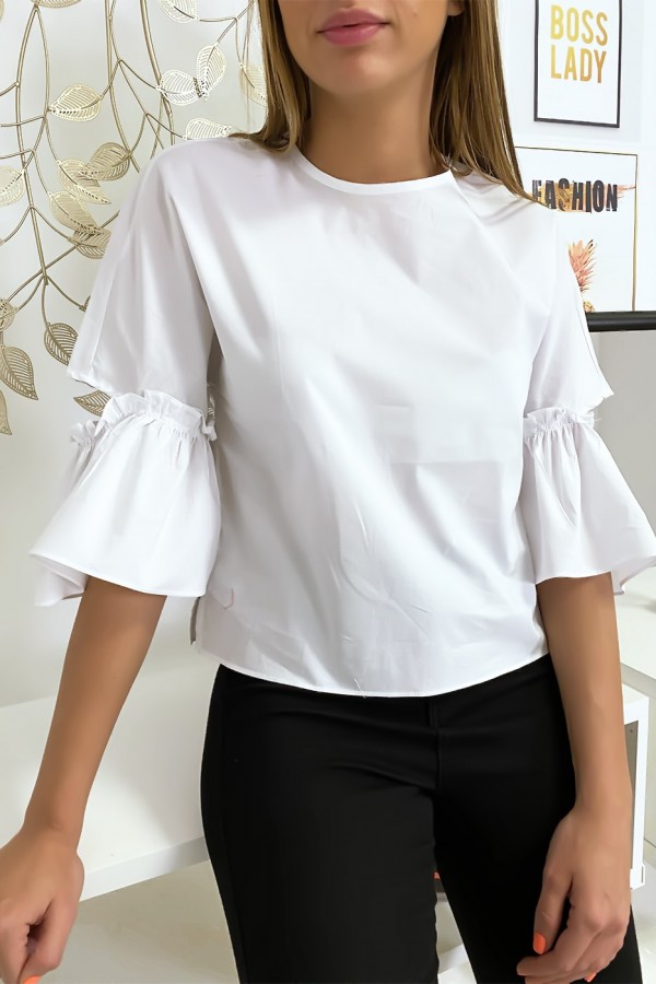 Blouse blanche manches volantes avec joli petit noeud - 4