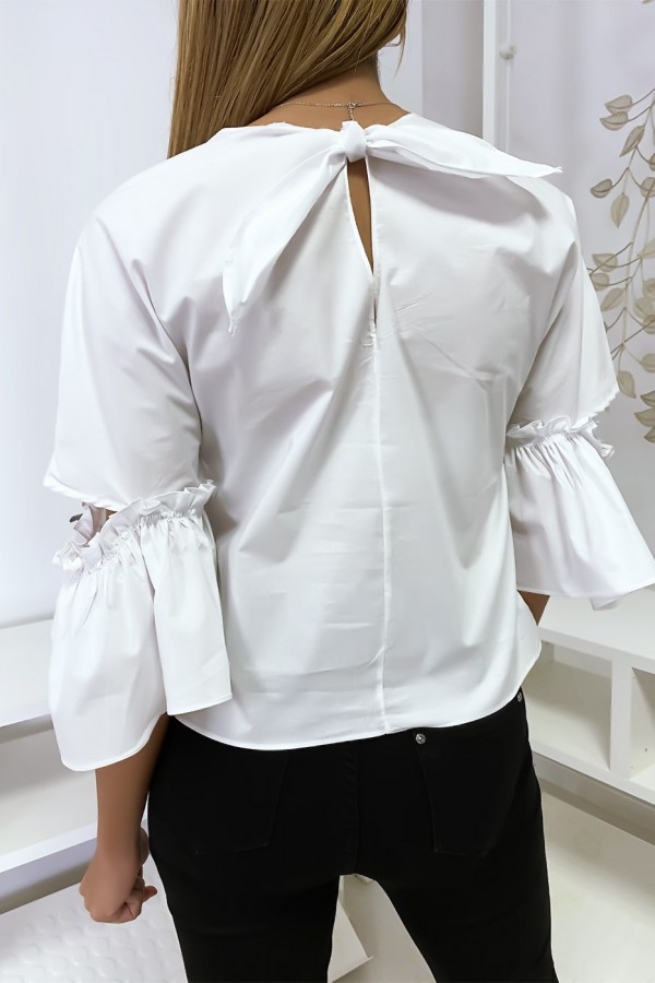 Blouse blanche manches volantes avec joli petit noeud - 5