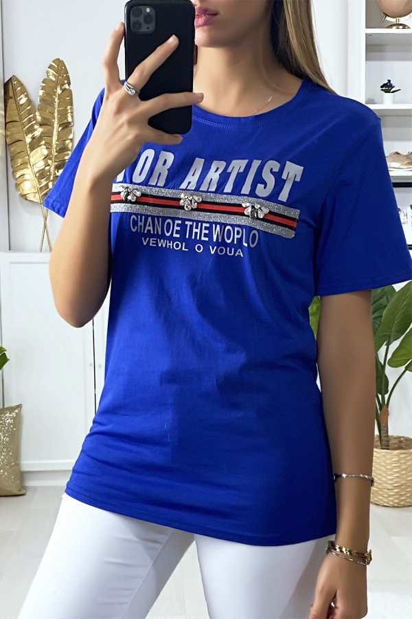 T-shirt royal avec écriture et strass - 2