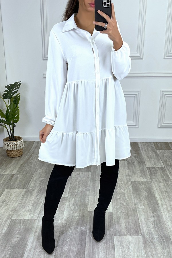 Robe chemise blanche à volant et boutons - 1