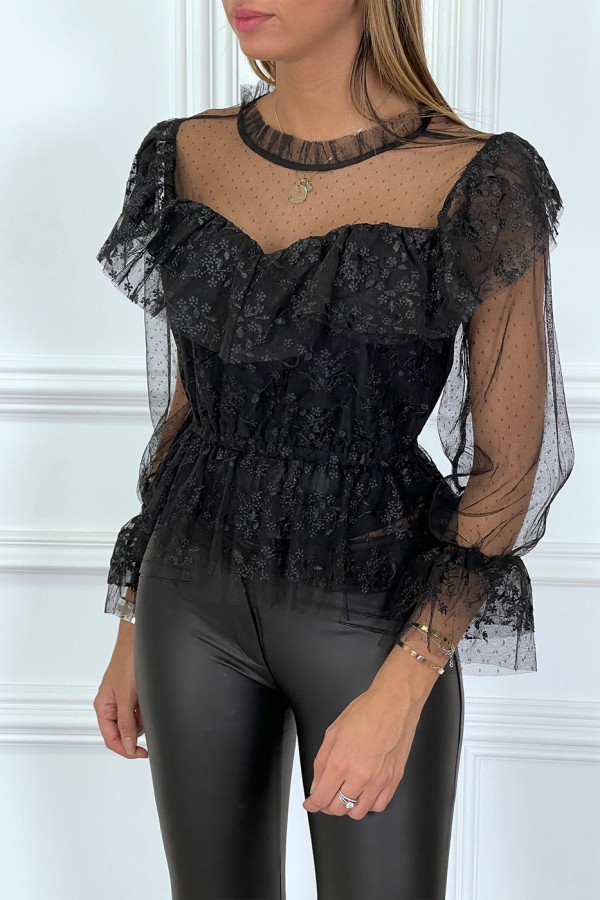 Blouse noire en dentelle à volants et col haut et plumetis - 3