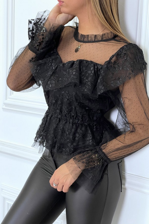 Blouse noire en dentelle à volants et col haut et plumetis - 6