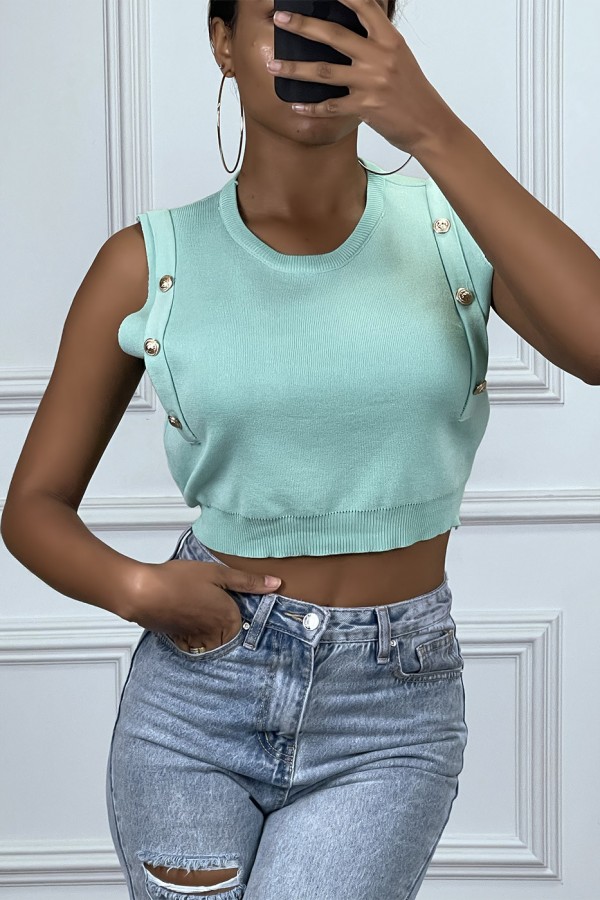 Top debardeur court vert turquoise avec boutons dorée - 2