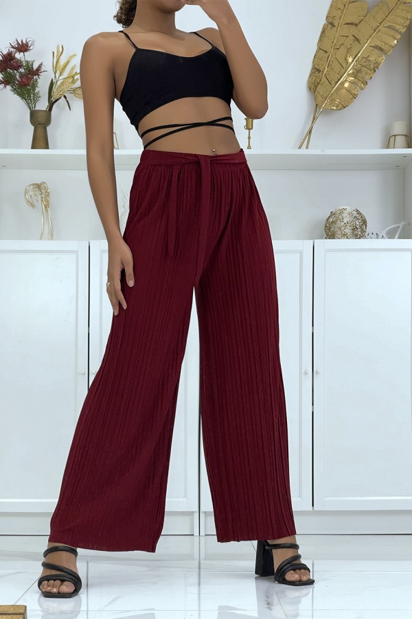 Pantalon palazzo bordeaux plissé à motif - 1