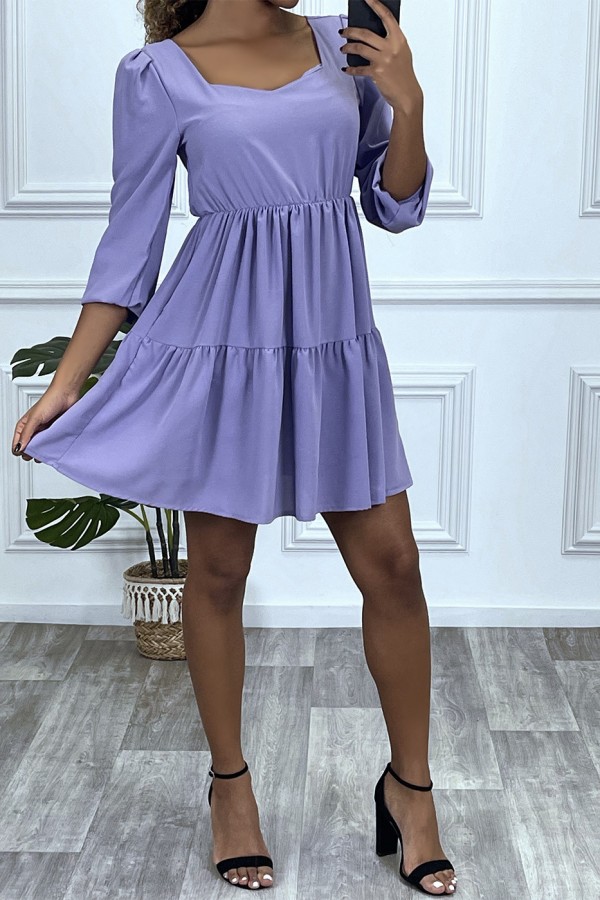 Robe violette évasée à col coeur froncé sur plusieurs endroit - 2