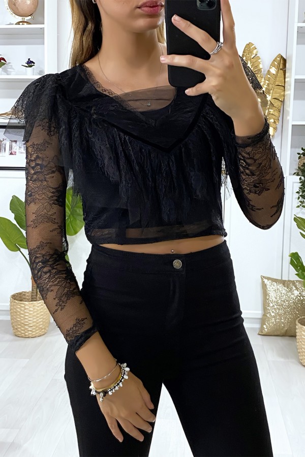 Crop top noir en dentelle avec volant au buste - 1