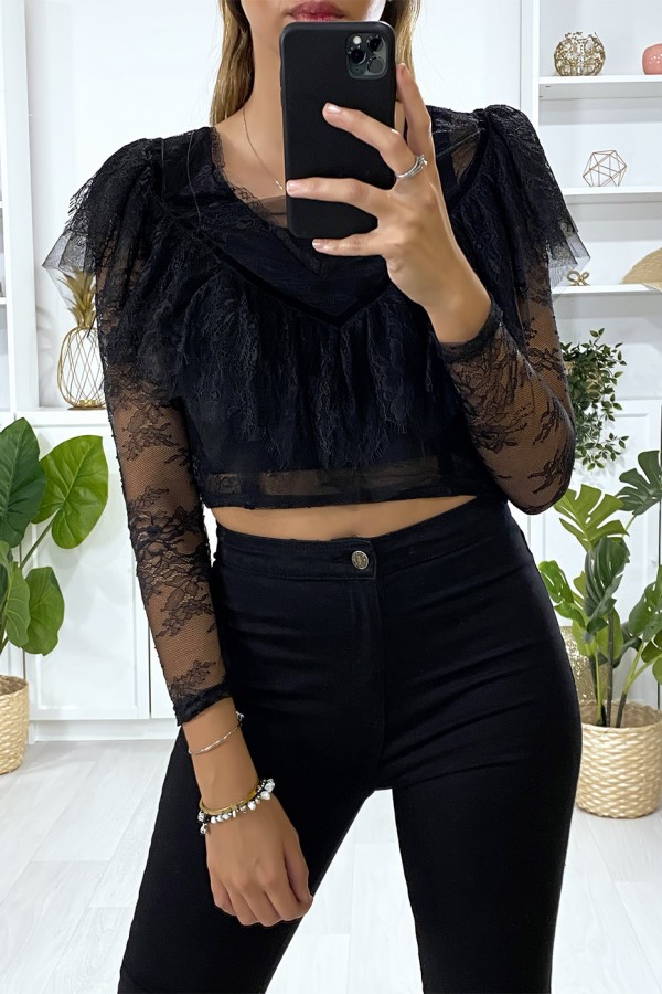 Crop top noir en dentelle avec volant au buste - 4