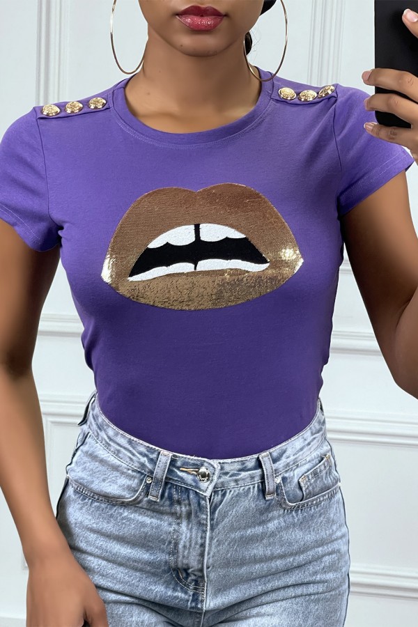 Tee shirt violet avec dessins et boutons dorée - 1