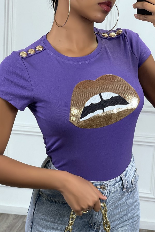 Tee shirt violet avec dessins et boutons dorée - 4