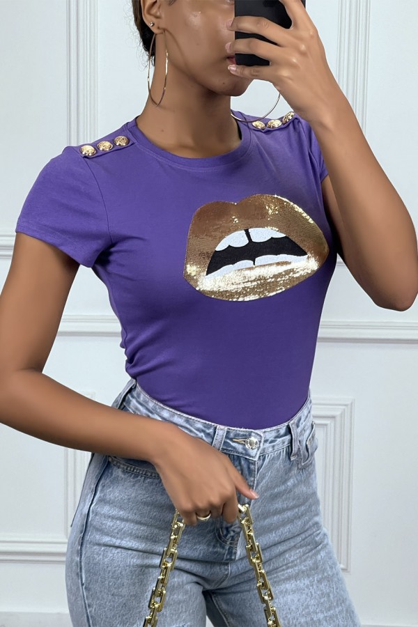 Tee shirt violet avec dessins et boutons dorée - 5