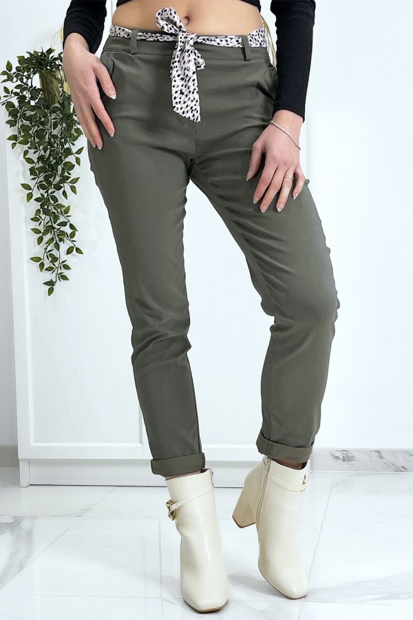 Pantalon strech kaki avec poches froufrou et ceinture - 5