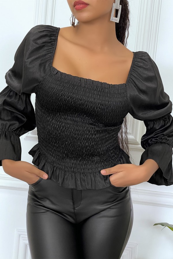 Blouse noire froncée à manches bouffantes - 1