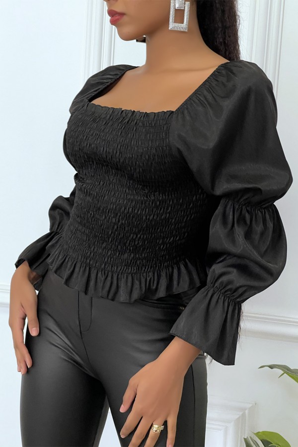 Blouse noire froncée à manches bouffantes - 2