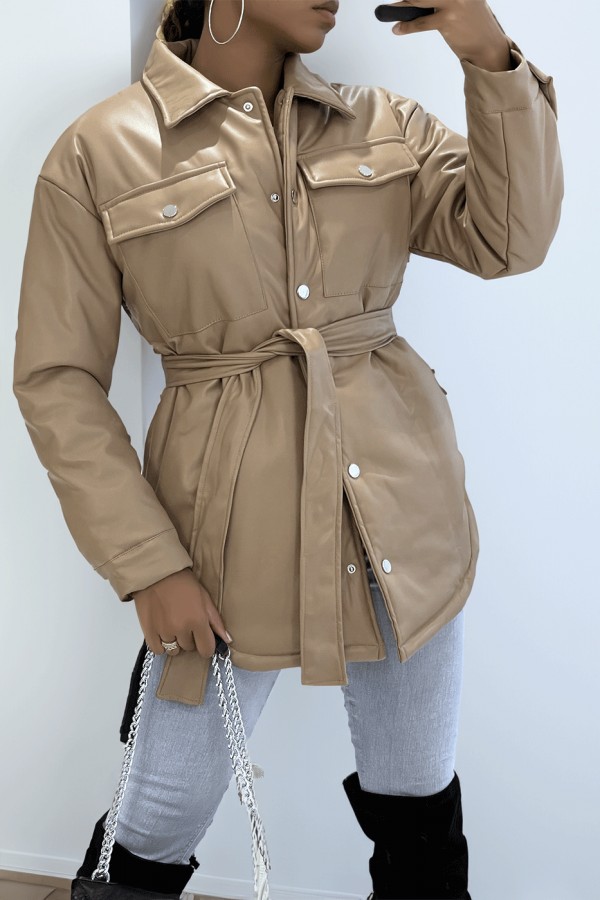 Manteau taupe mi long asymétrique simili cuir avec ceinture à la taille - 4