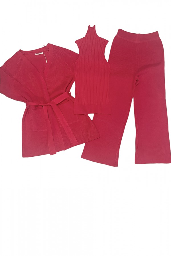 Ensemble 3 pièces gilet débardeur et pantalon palazzo fuchsia  - 1