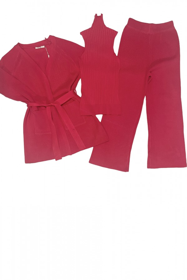 Ensemble 3 pièces gilet débardeur et pantalon palazzo fuchsia  - 2