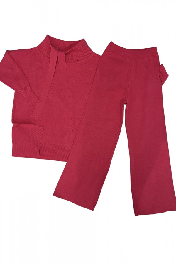 Ensemble pull col roulé tombant over size et palazzo fuchsia - 2