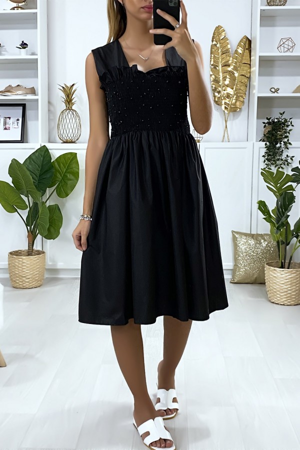 Robe patineuse noir évasé avec perles et élastiques au buste - 2