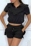 Ensemble noir avec détails volants short à lacet et haut avec zip - 1