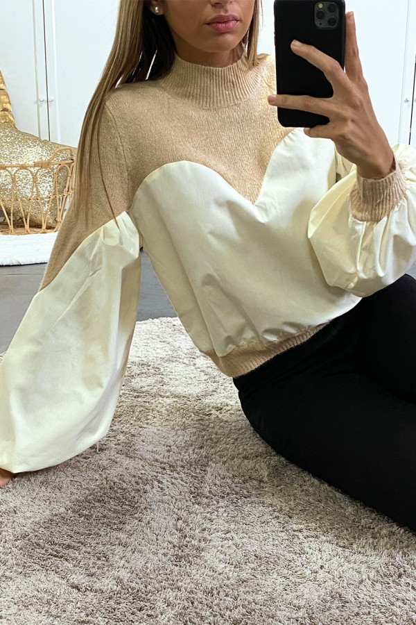 Pull beige bi-matière avec manches bouffante - 4