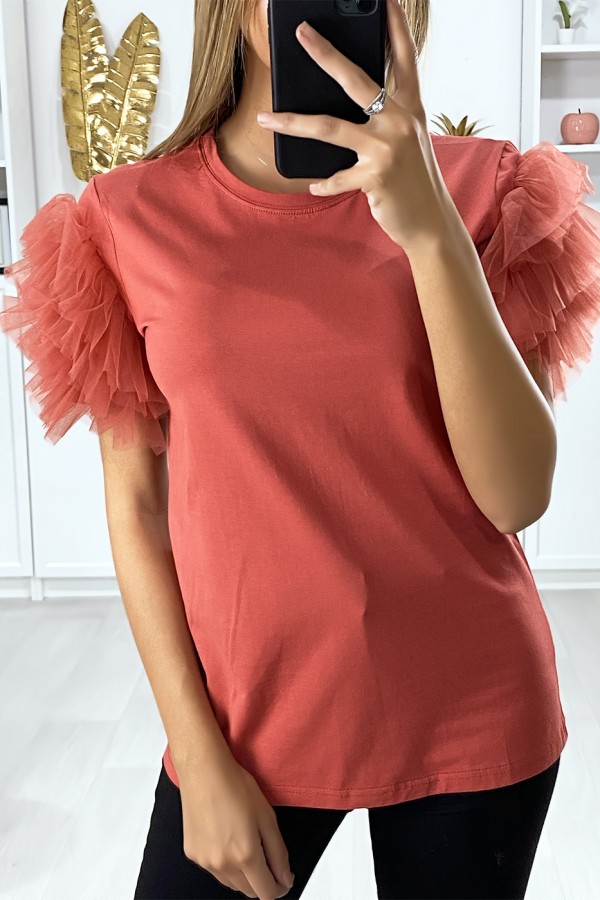 T-shirt rouge avec manches froufrou en tulle - 4