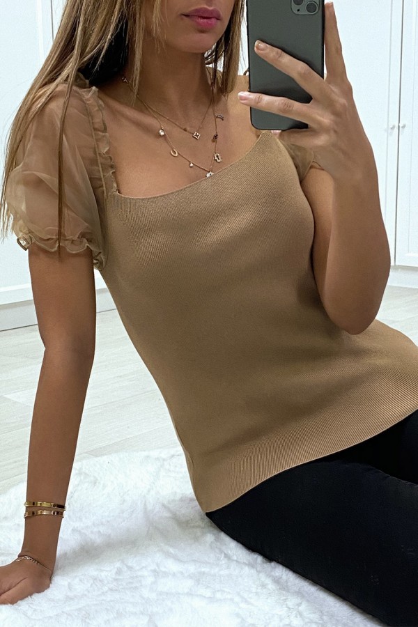 Top moulant taupe a manches bouffantes en tulle - 5